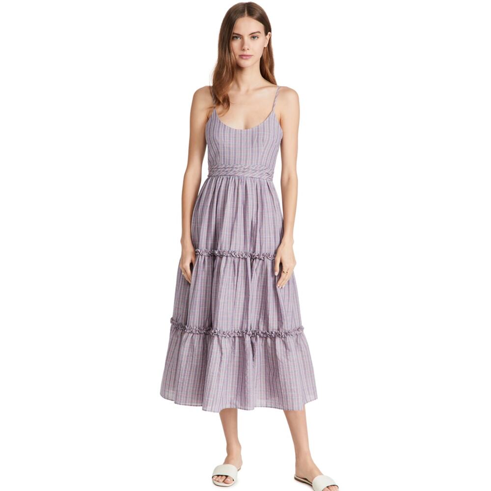 Cinq a Sept Plaid Lilac Smoke Purple Belle Tiered Scoop Neck Midi Dress Size 10